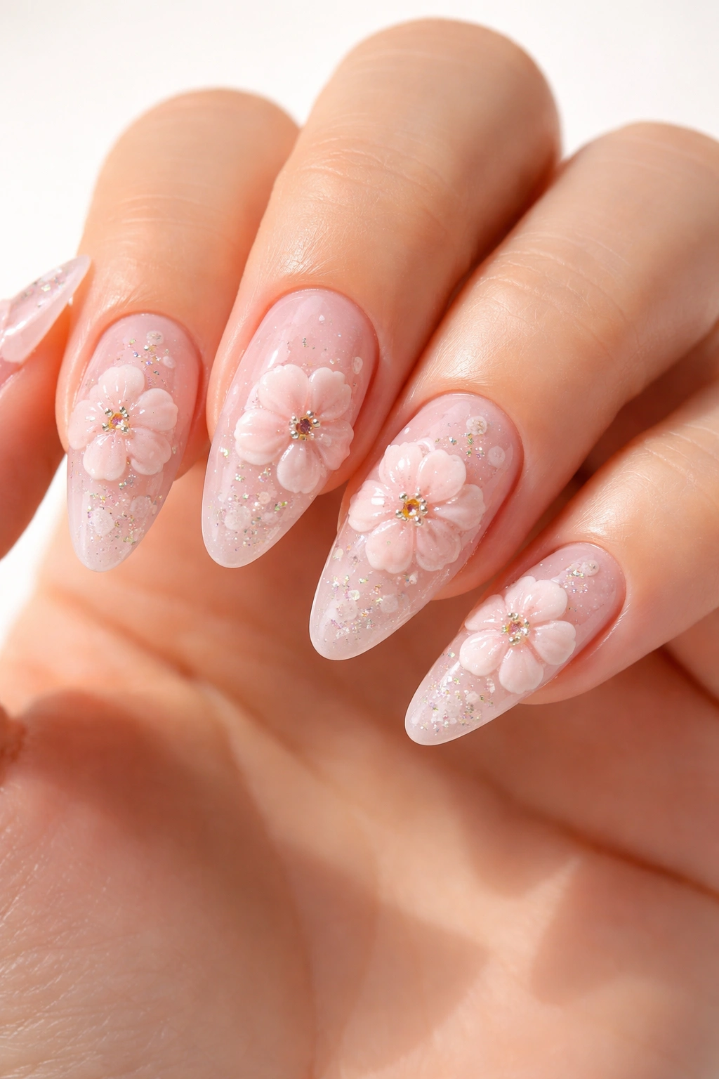 Close-up of a hand with 3D flower nails showing sculpted petals and gel texture