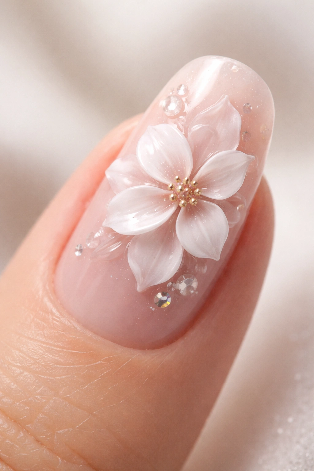 Close-up of a nail with a 3D flower sculpture and dimensional petals
