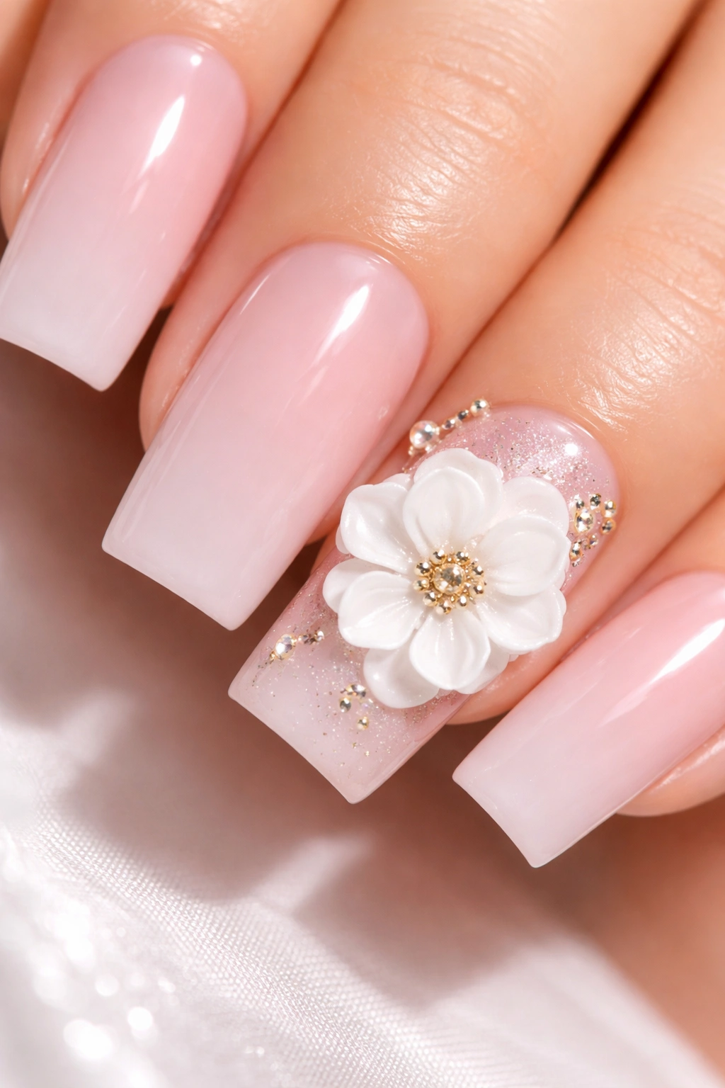 Close-up of 3D gel flower accents on a square nail with pink base