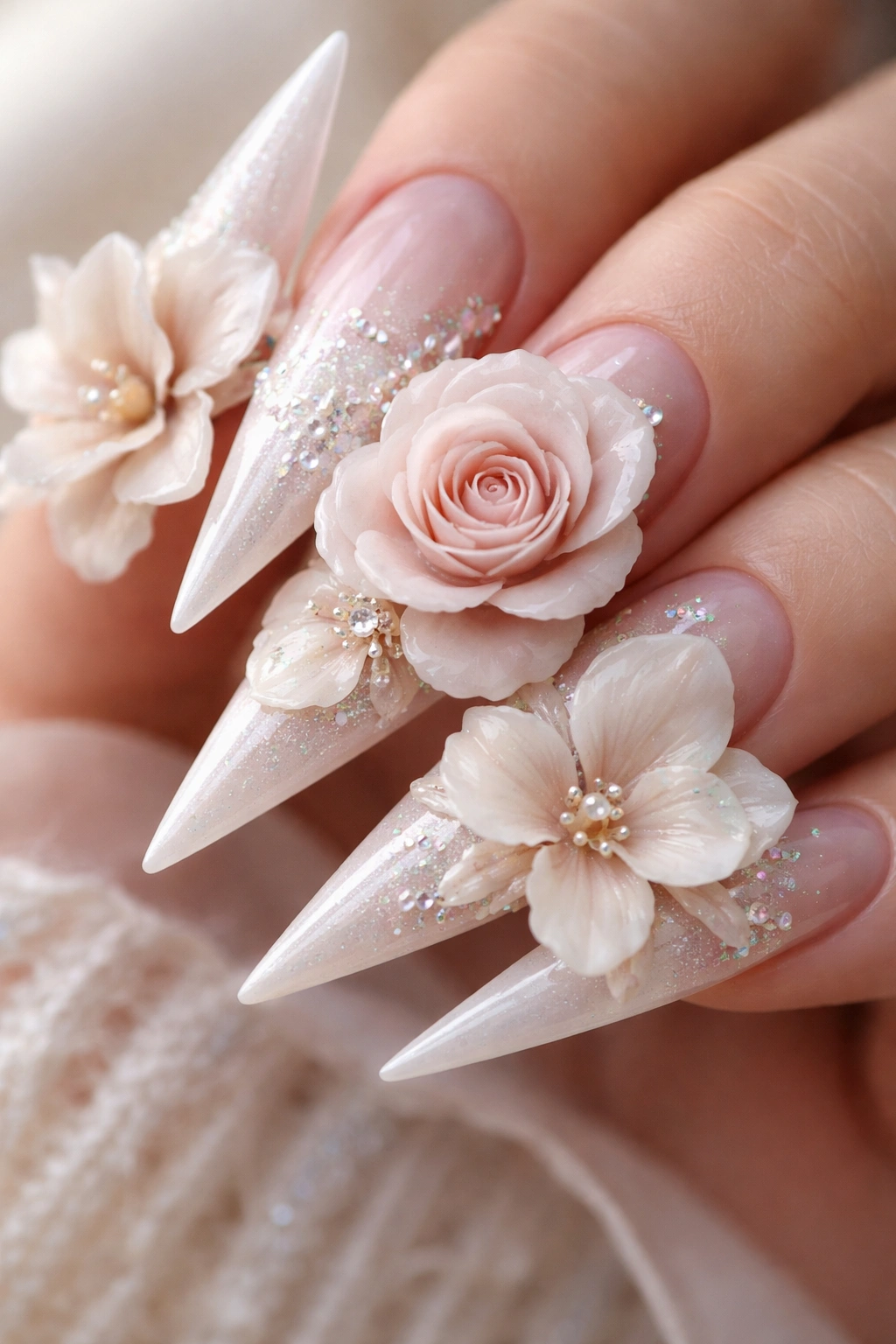 Close-up of 3D sculpted floral nails with layered petals on stiletto tips