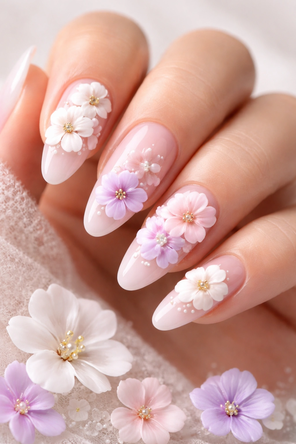 Close-up of 3D flower nails with sculpted petals in white, pink, and lavender.