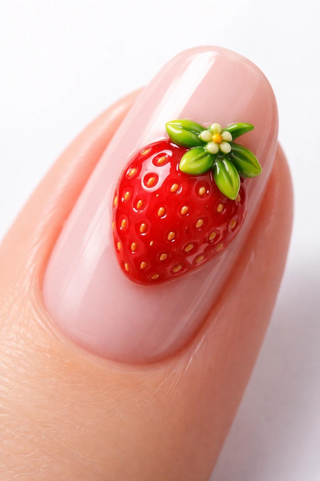 Close-up of a nail with a 3D strawberry on a nude base