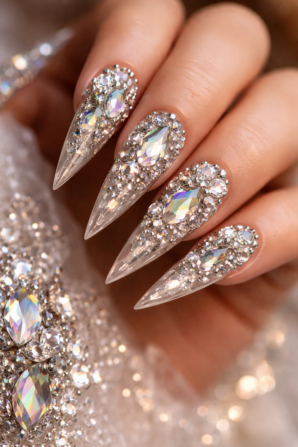 Close-up of 3D gemstone rhinestone cluster on stiletto nail