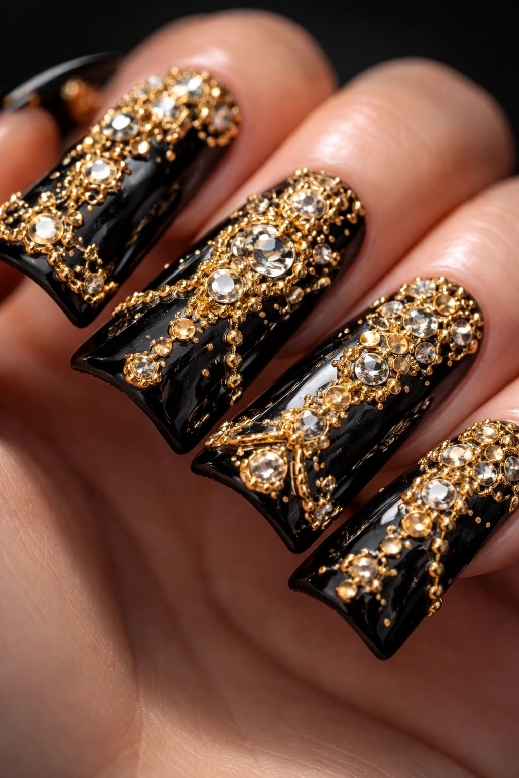 Duck nail with 3D gold studs and rhinestones on black base