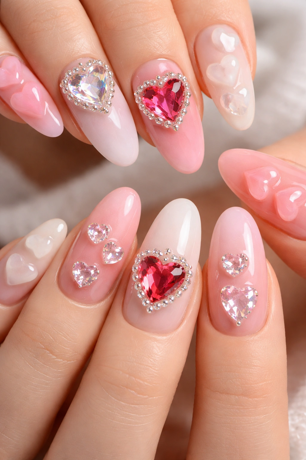 Nails adorned with raised 3D heart embellishments