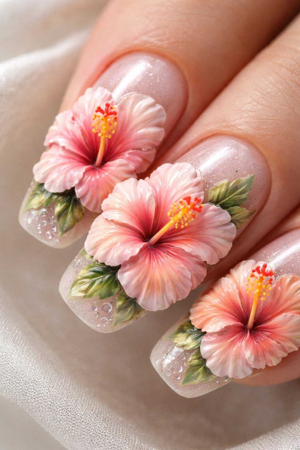 Close-up of a nail with 3D hibiscus blooms sculpted in acrylic