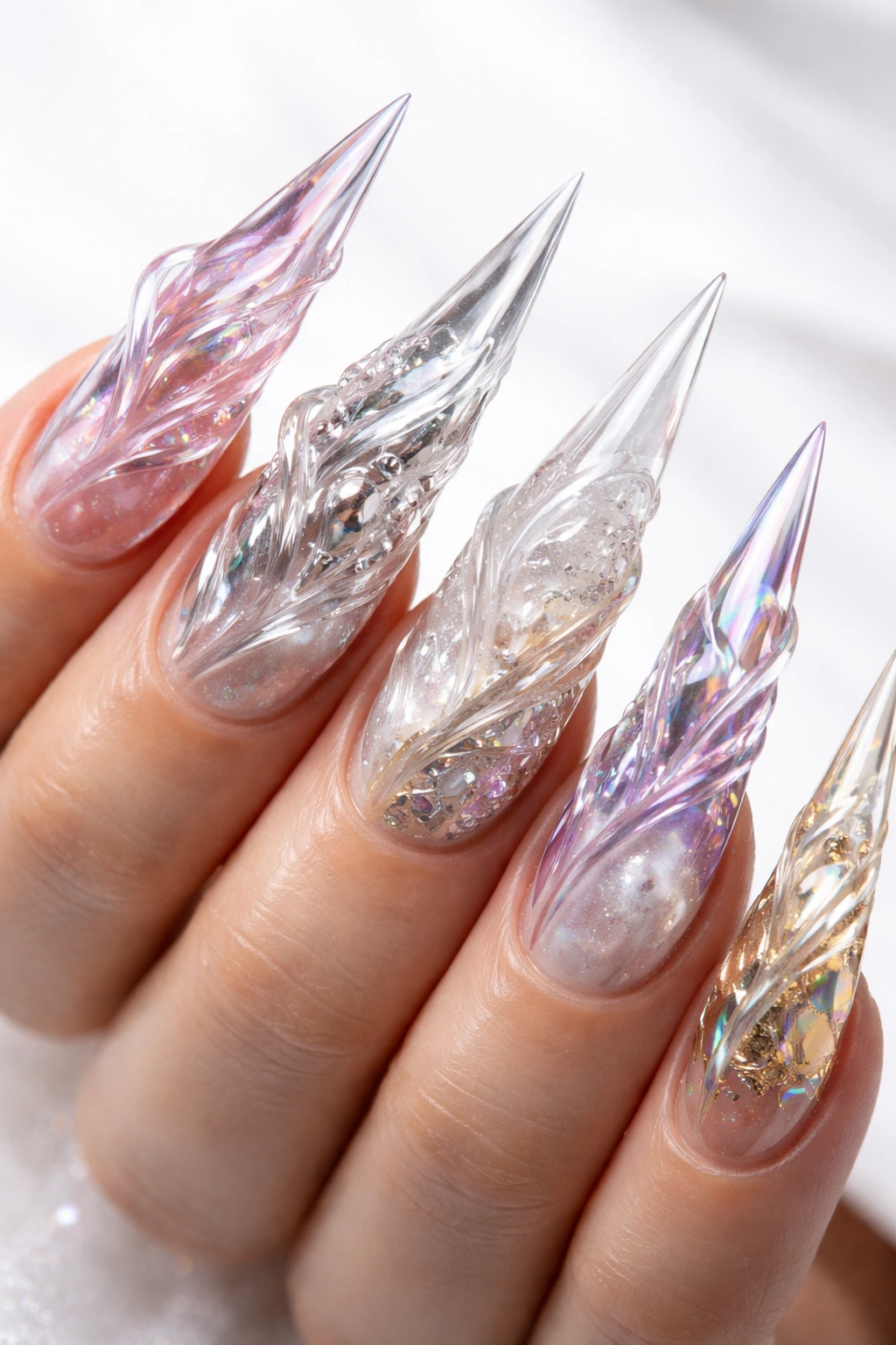 Close-up of abstract 3D sculptural stiletto nails showing curves and spikes.