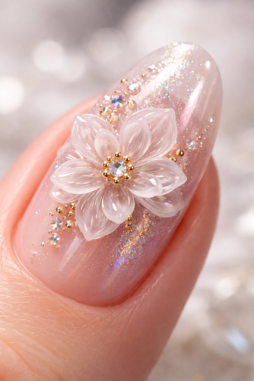 Close-up of a nail with a raised 3D gel flower showing depth and texture