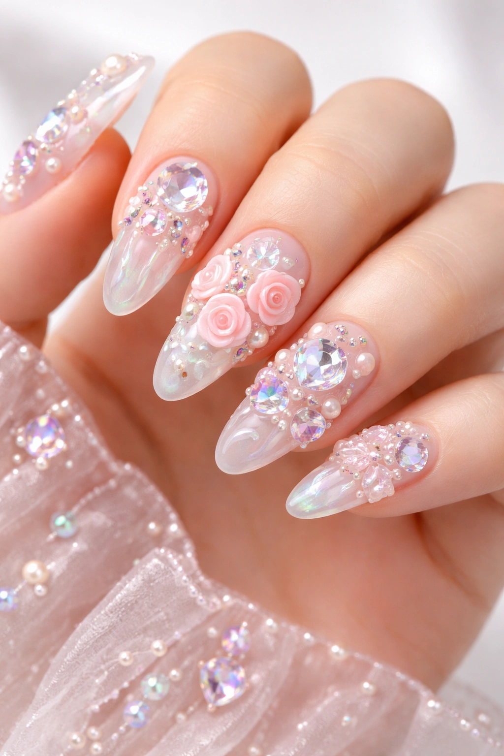 Close-up of nails with raised 3D sculpted elements on a neutral background