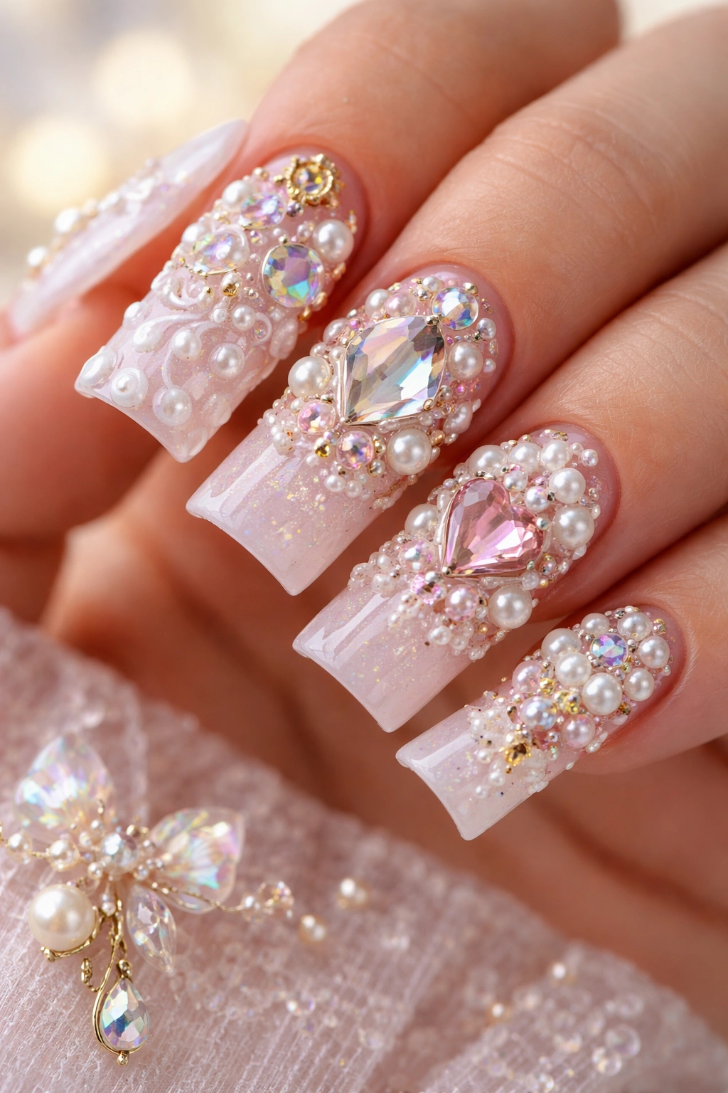 Close-up of duck-shaped nails with raised 3D embellishments like carvings and tiny pearls in a soft studio setting