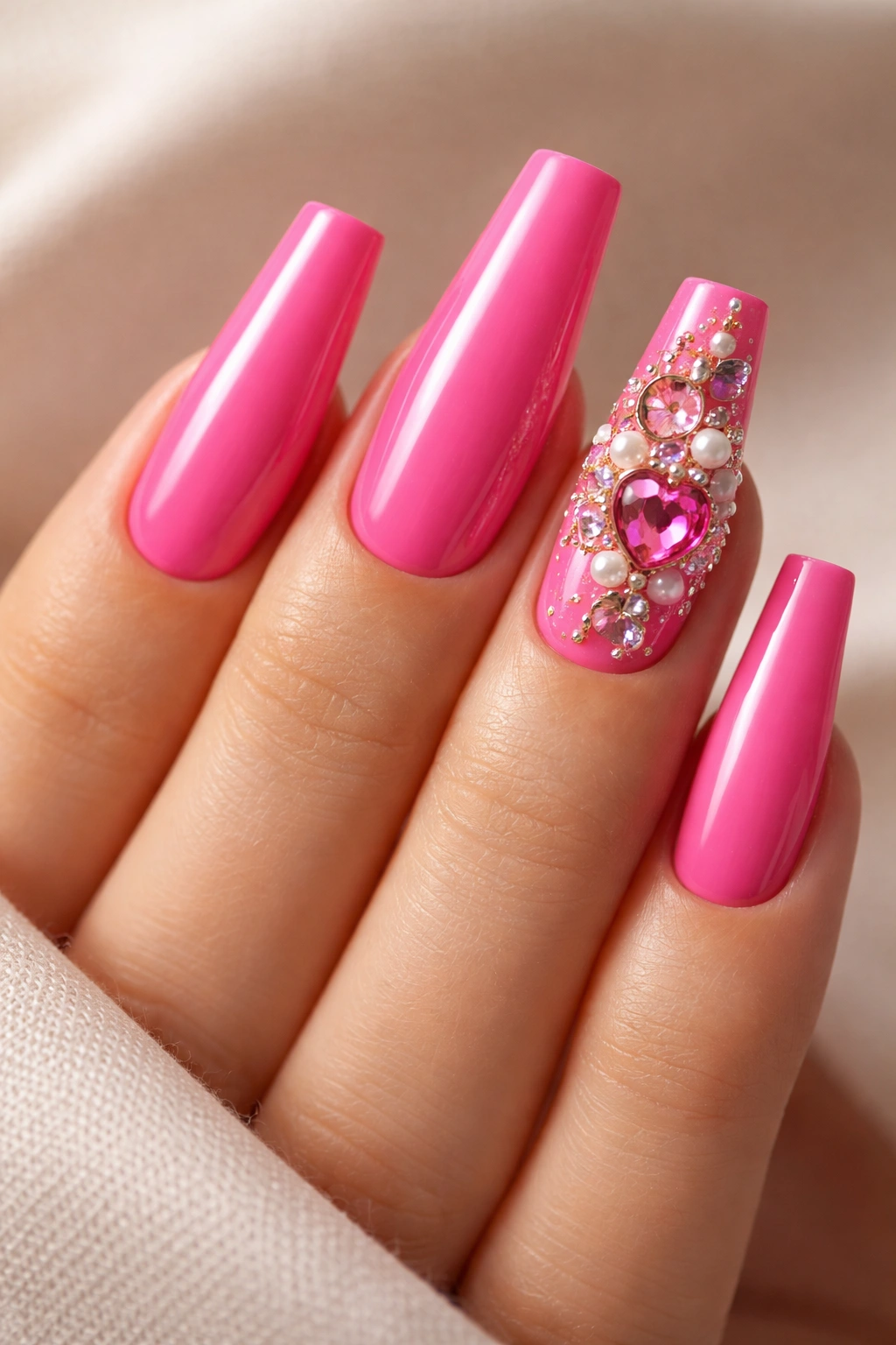 Coffin nails with hot pink base and small 3D embellishments