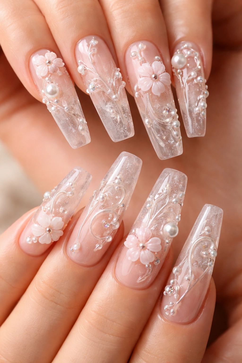 Long curved coffin nails with 3D sculpted elements