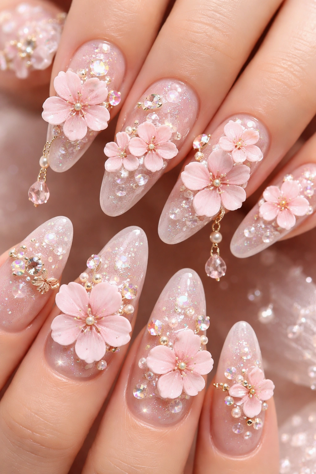 Nails with 3D cherry blossom charms and rhinestones