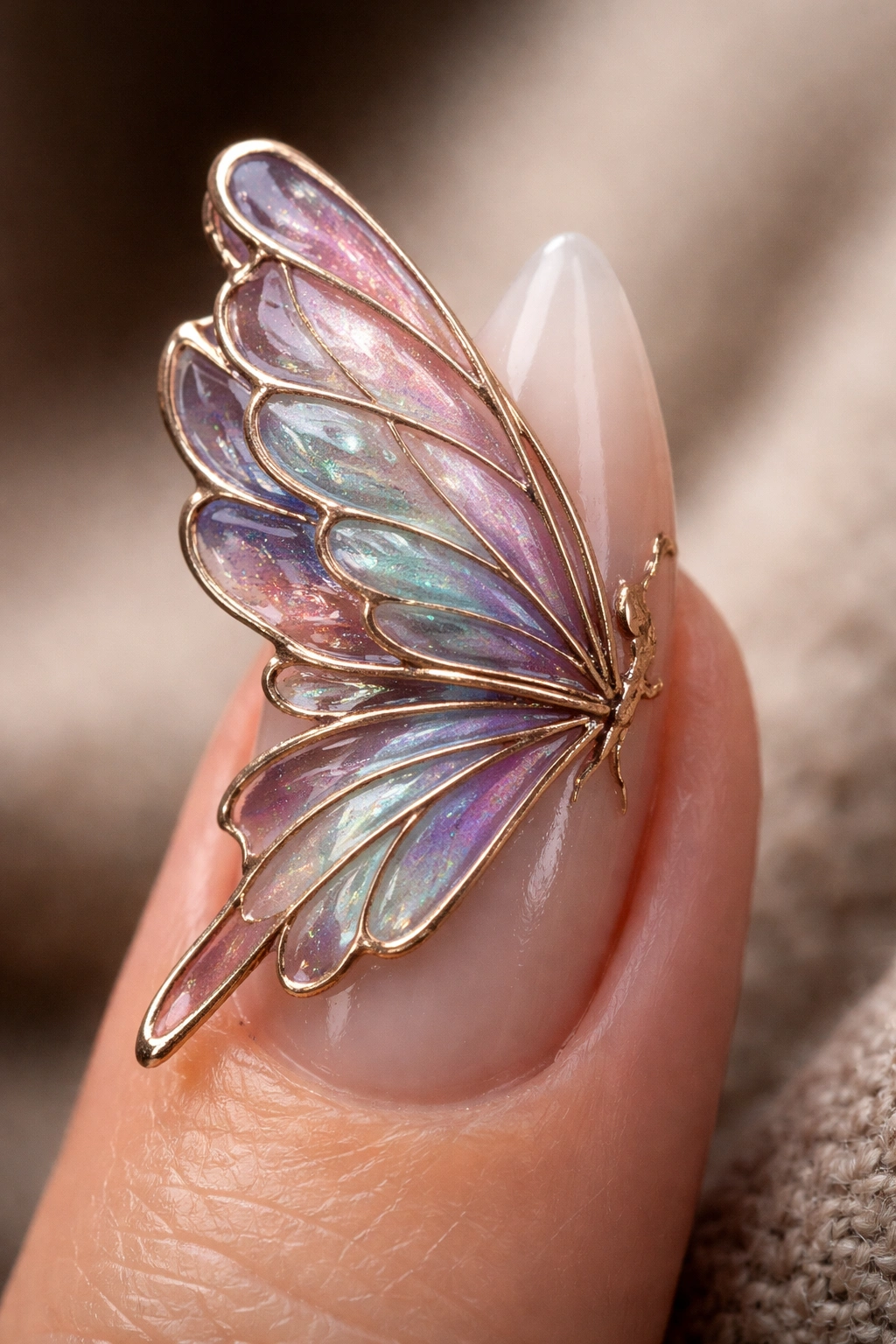 Close-up of nail with 3D butterfly wings sculpted on surface