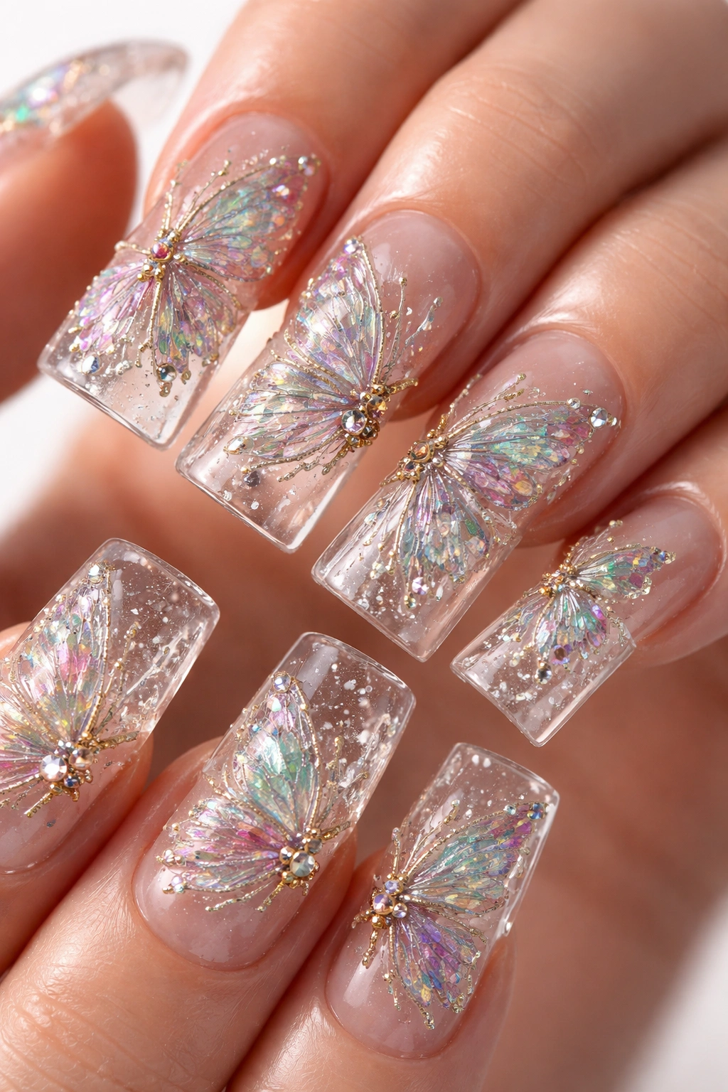 Clear duck nails with 3D butterfly textures built from crystals and glass