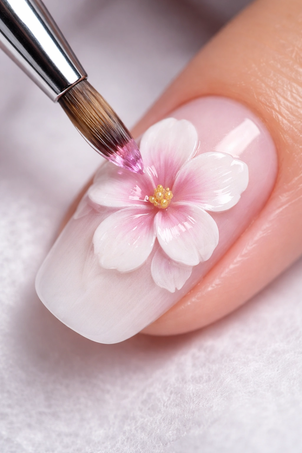 Close-up of a nail with 3D flower petals tinted pink for realistic color depth