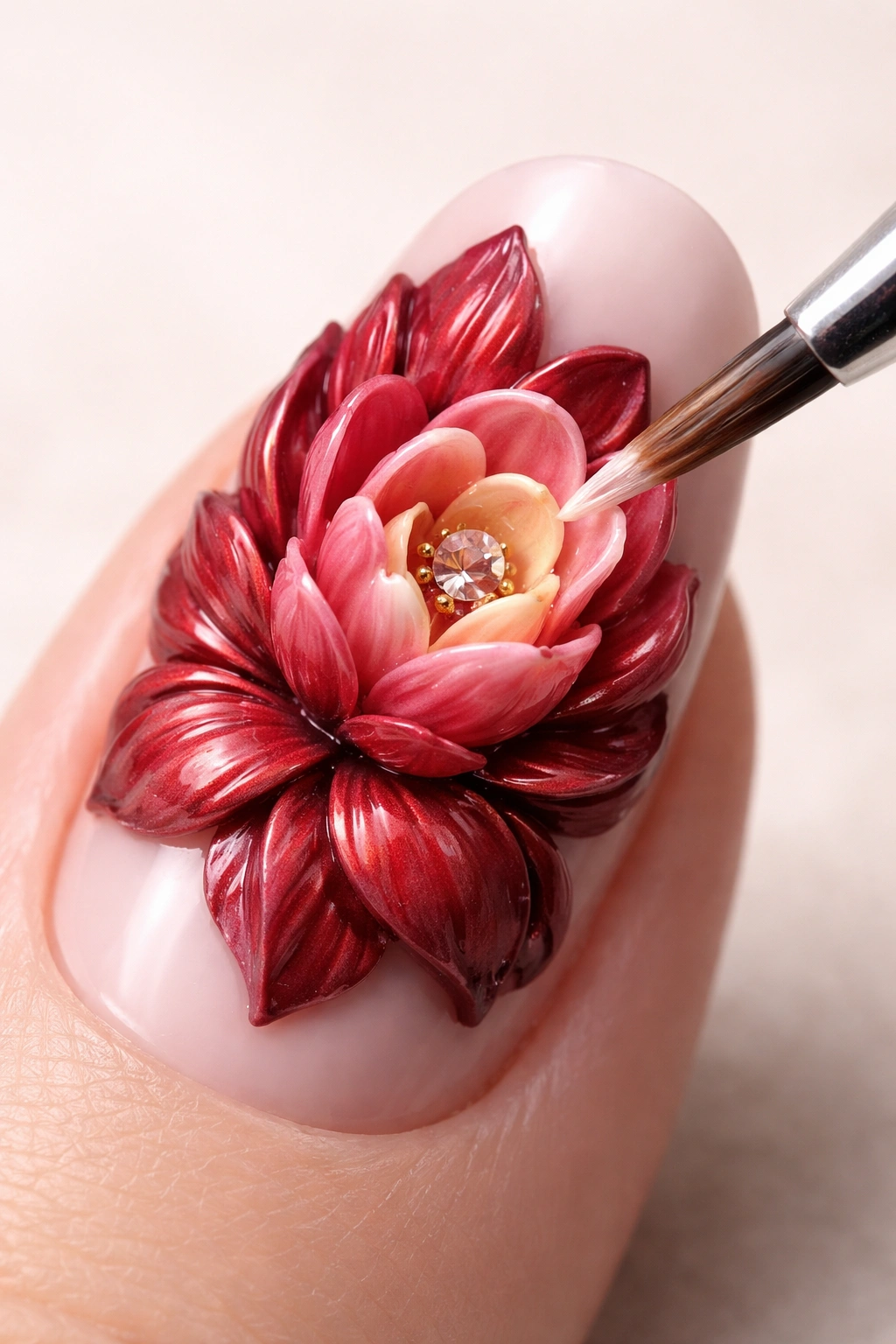 Close-up of a 3D nail with layered red petals and color shading for depth
