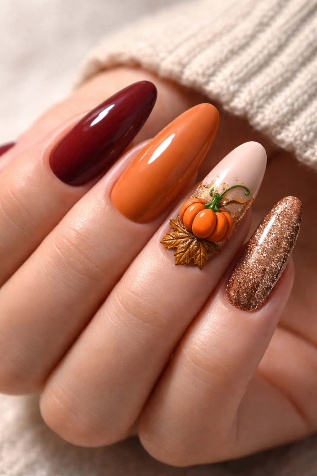Close-up of 3D design nails with raised pumpkin or leaf accents