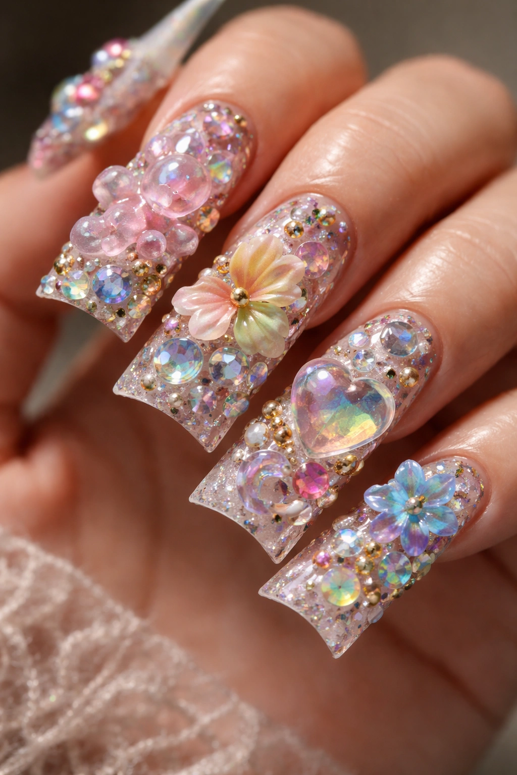 Close-up of nails with 3D sculpted elements creating depth and shadows