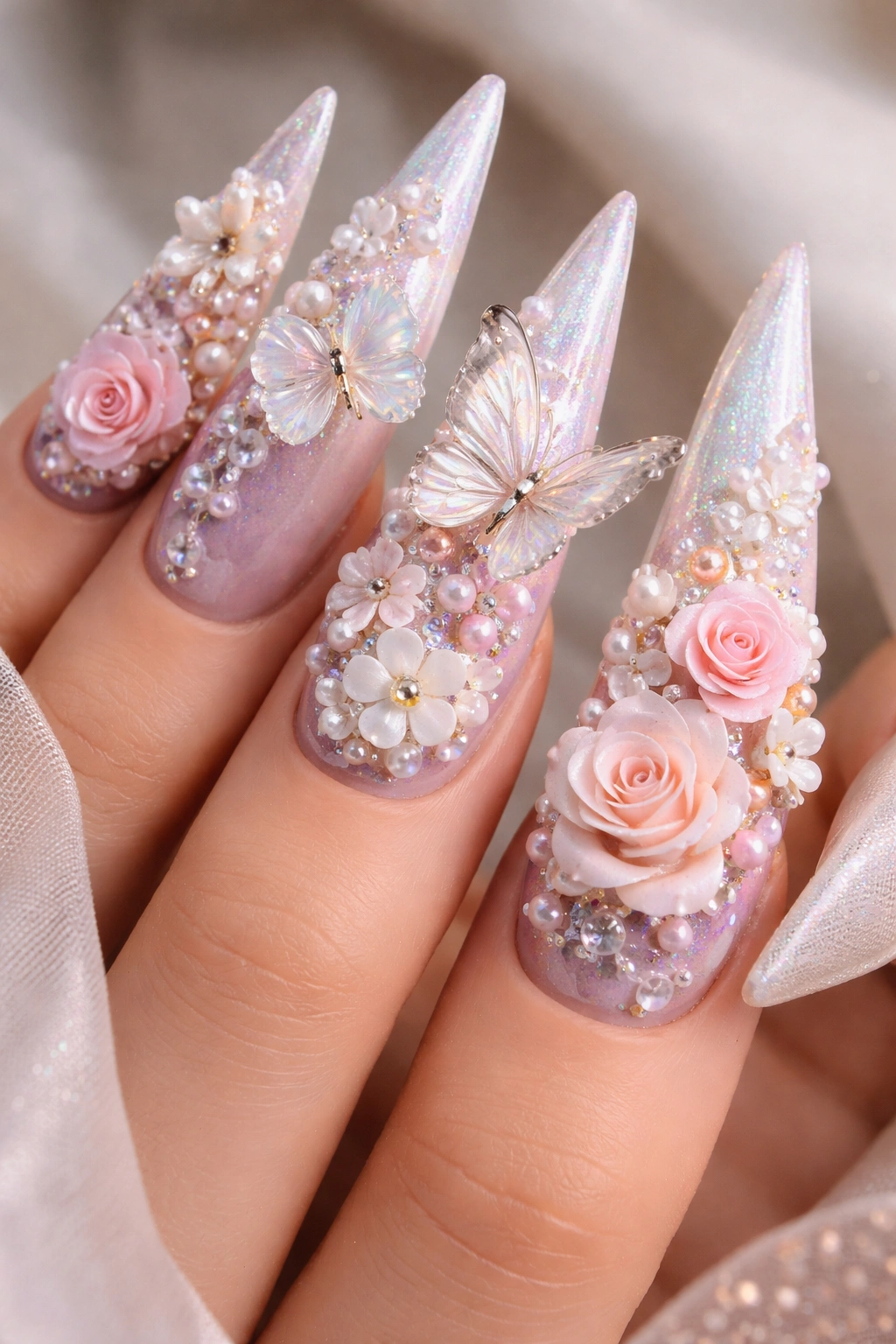 Close-up of 3D floral stilettos nails with raised decorations