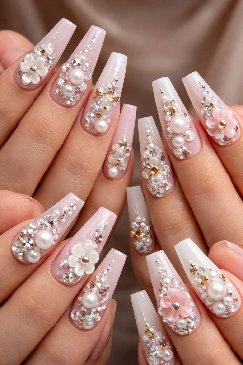Close-up of coffin nails with 3D pearls, rhinestones, and sculpted gel flowers