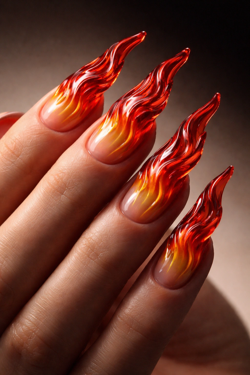 Close-up of 3D sculptured flame nails with raised flame designs