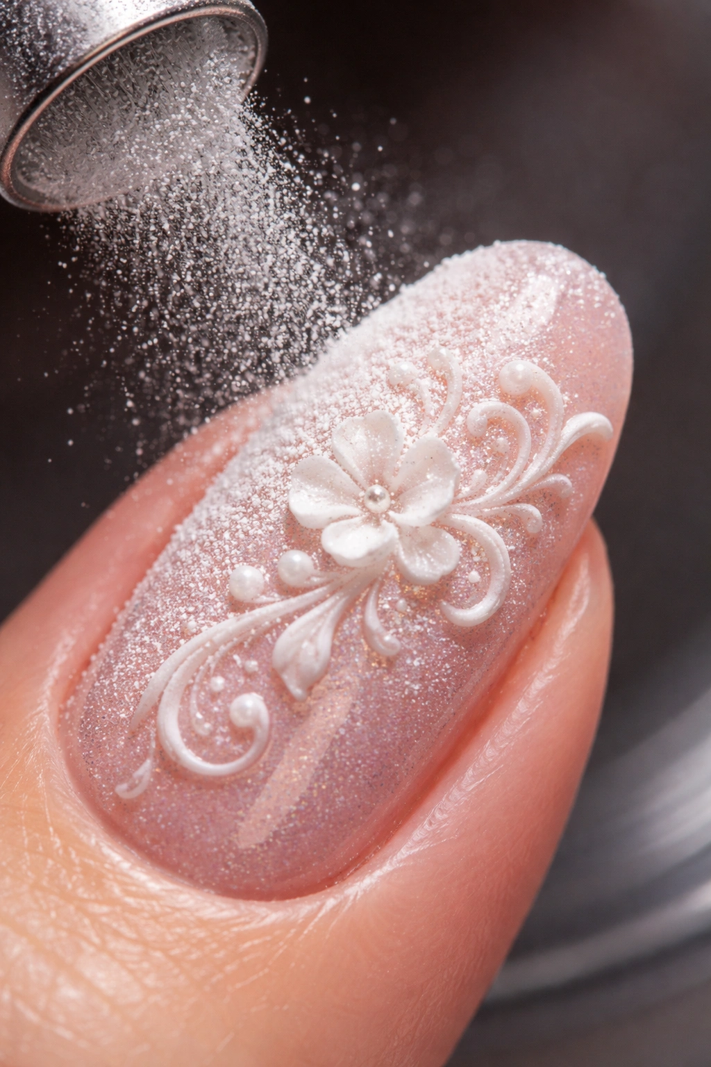 Nail showing raised texture created by 3D powder on gel base