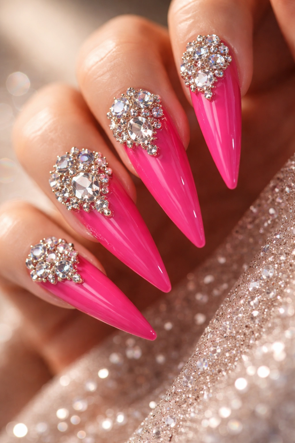 3D rhinestone clusters on hot pink stiletto nails