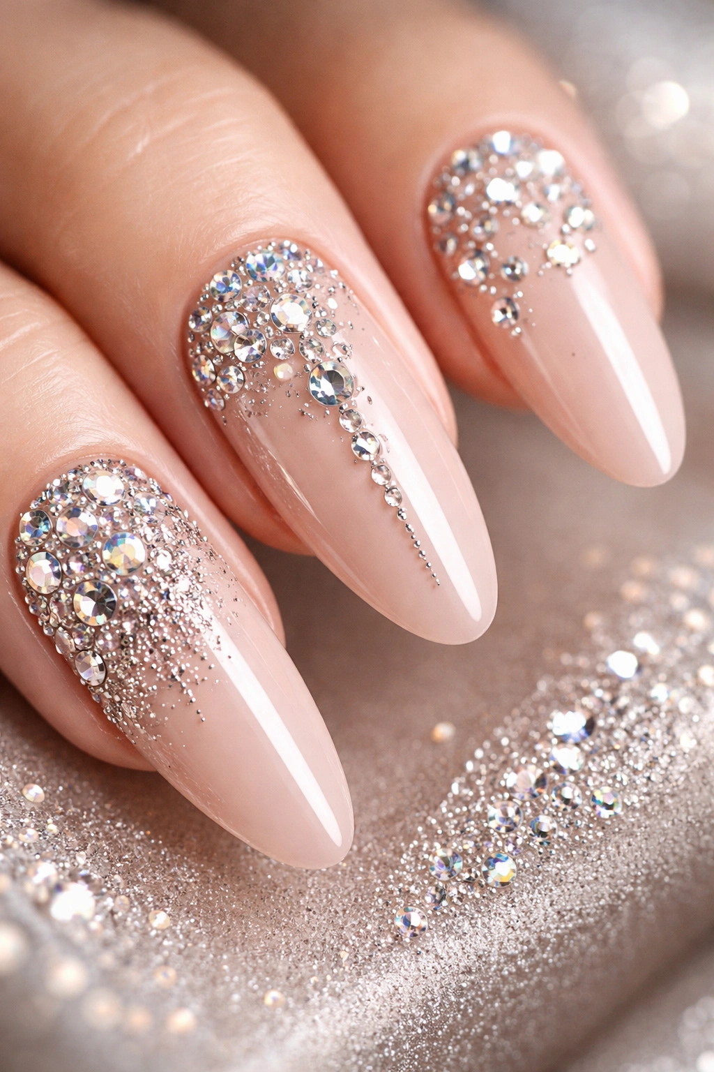 Close-up of nails with 3D rhinestone patterns featuring gradient clusters and linear designs