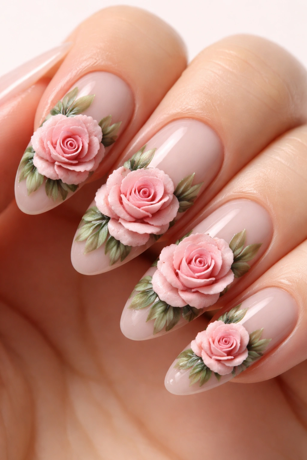 3D rose nail art with sculpted rose petals and textured surface