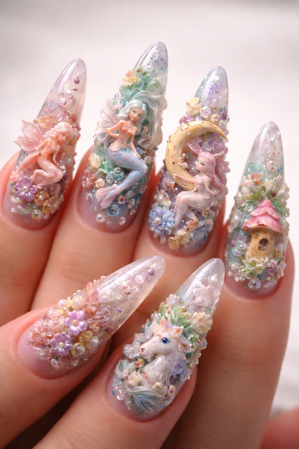 Close-up of 3D sculpted nails with dimensional elements on acrylic tips