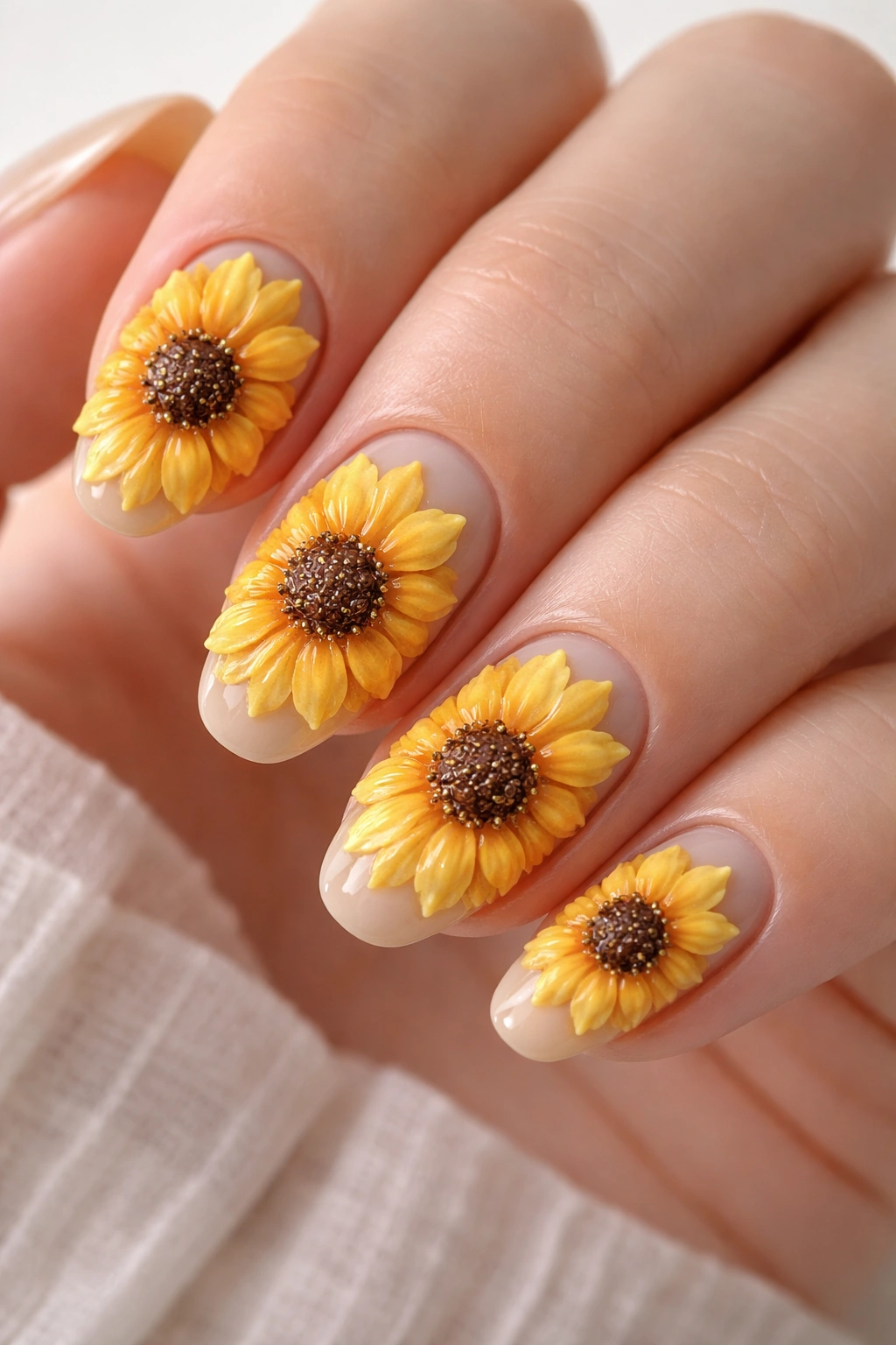 Close-up of 3D textured sunflower nail art with raised petals.