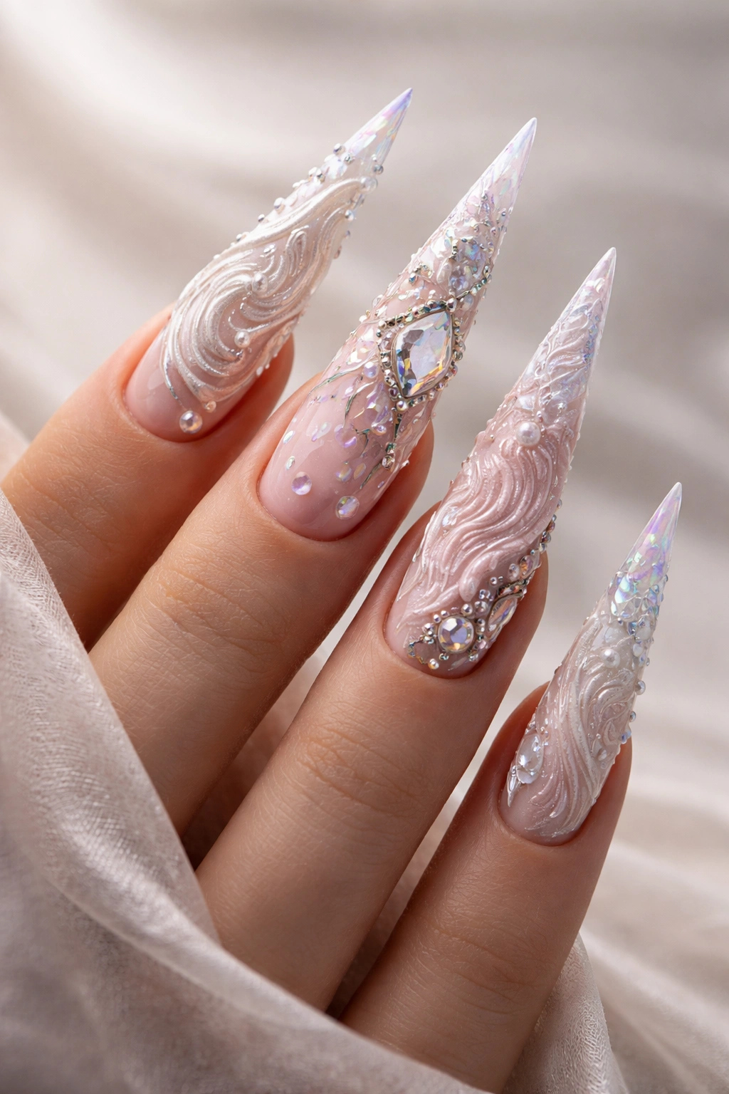 Close-up of stiletto nails with 3D textured raised elements