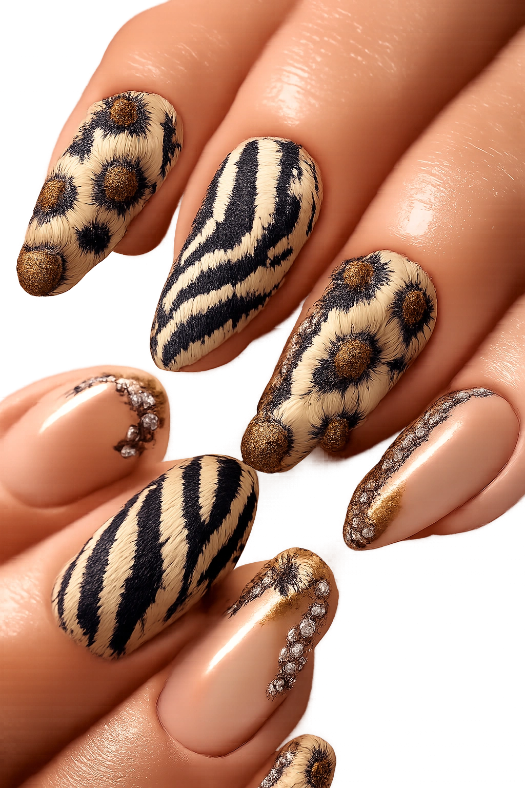 Close-up of 3D textured leopard and zebra print nails with raised elements
