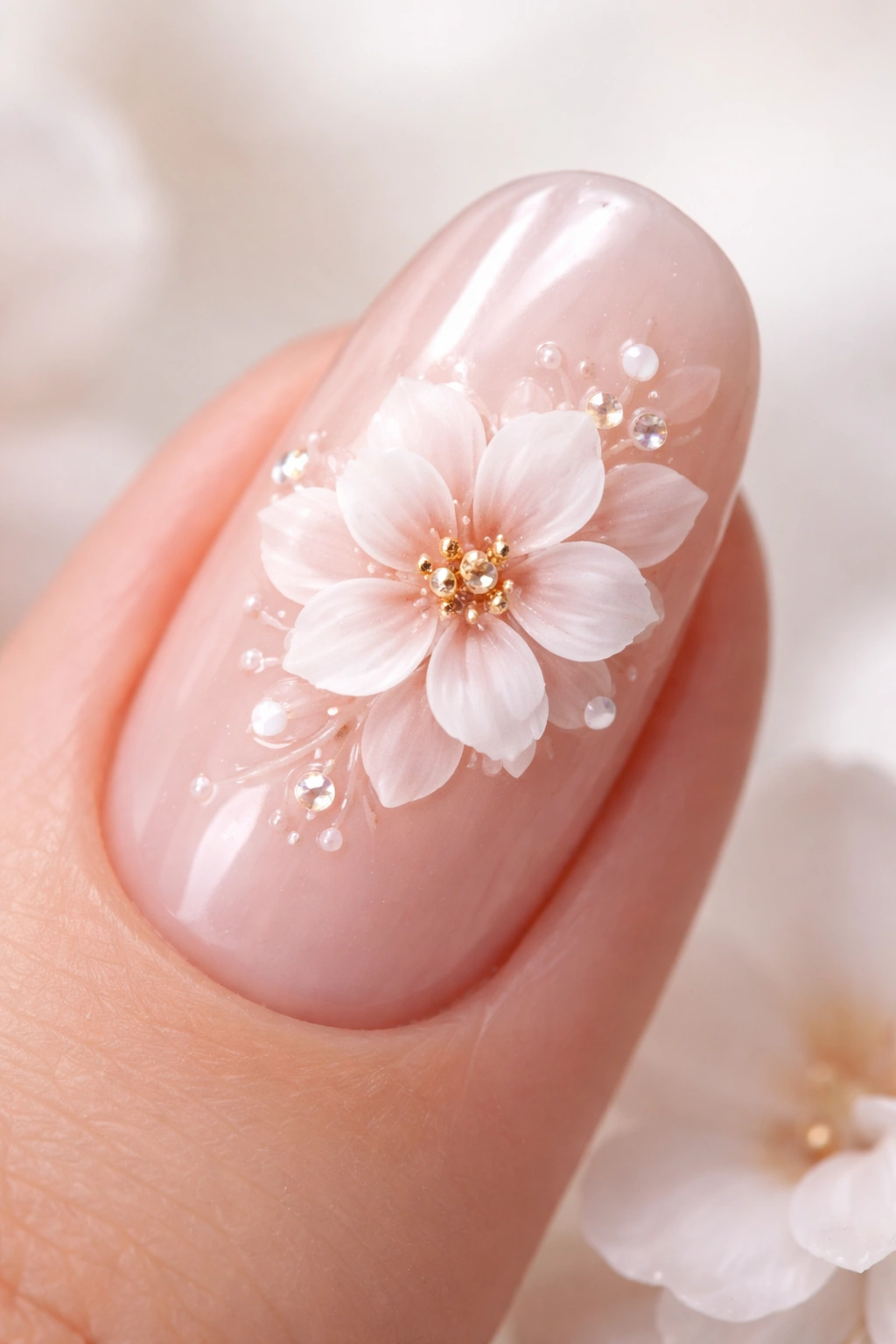 Close-up of a nail with a 3D flower sculpture on nude gel base