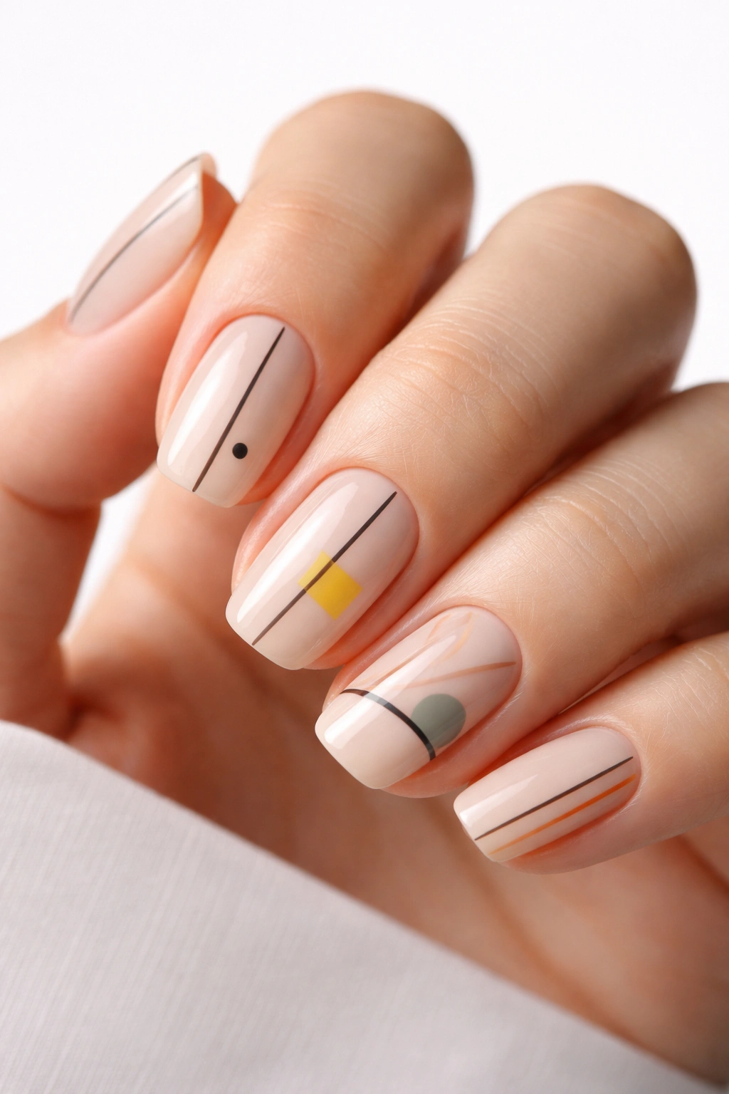 Nails with minimalist geometry and line art on nude base
