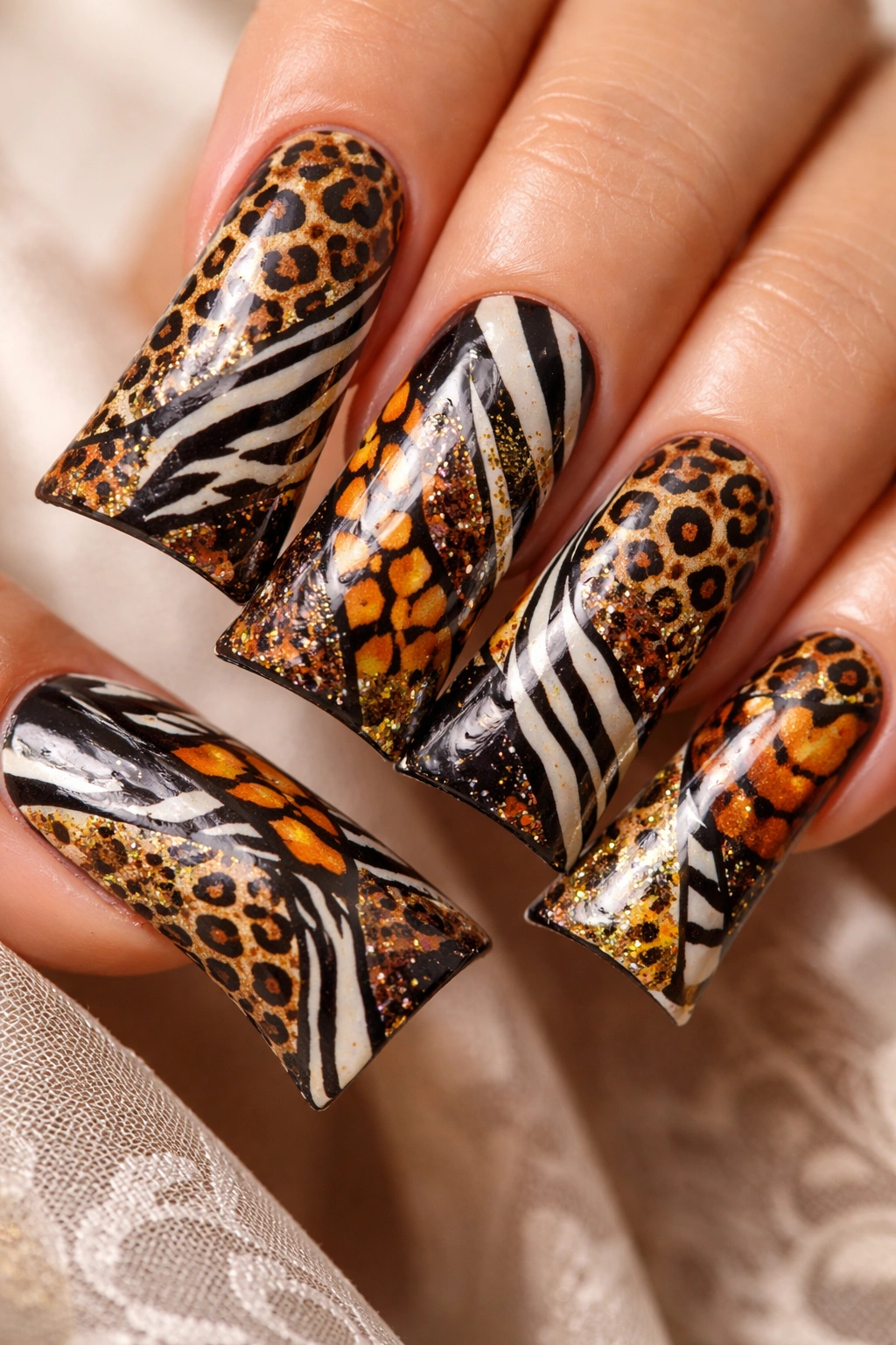 Duck nails in an abstract mosaic of animal print motifs