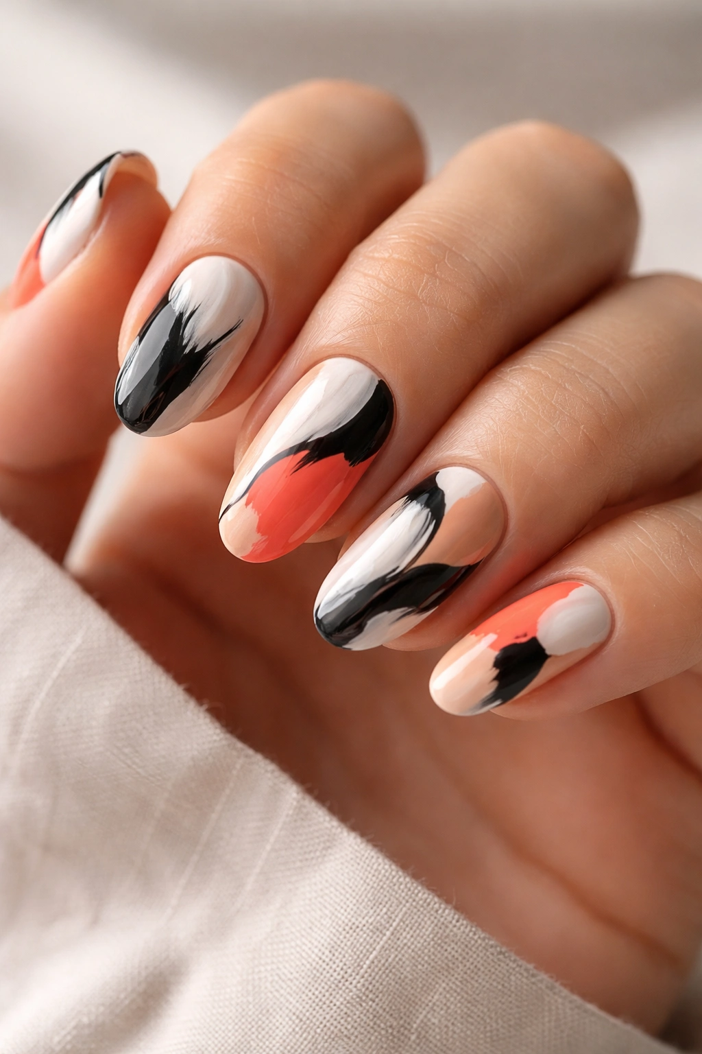 Close-up of abstract art nails with brushstrokes