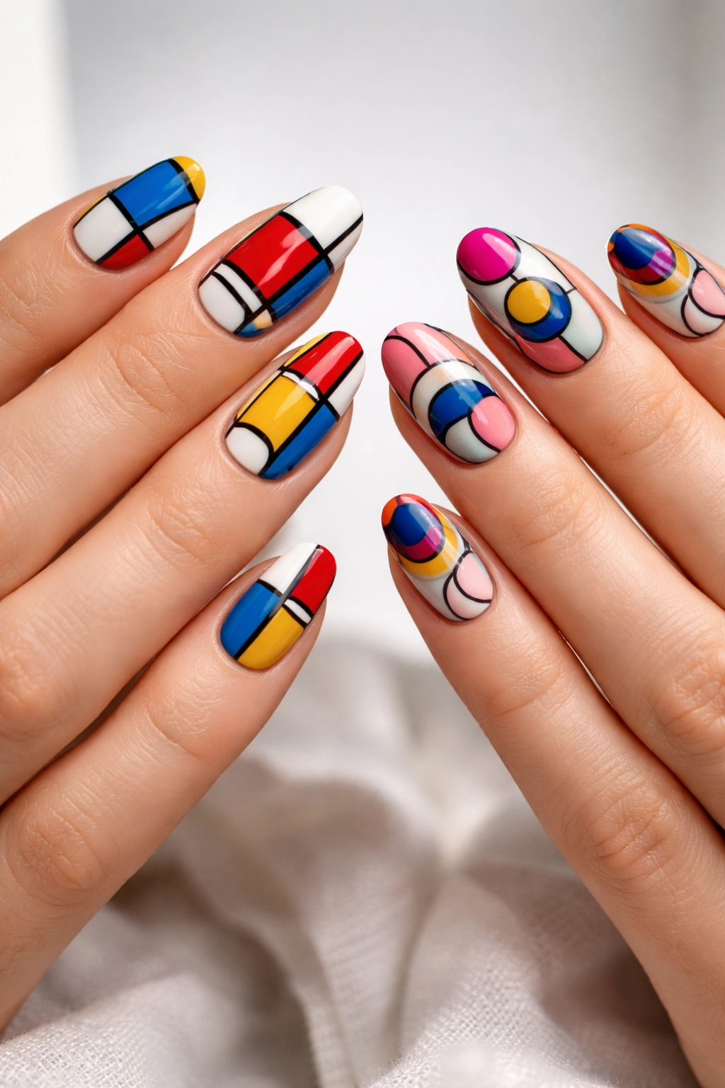 Nails painted in abstract art styles with coordinated palettes.