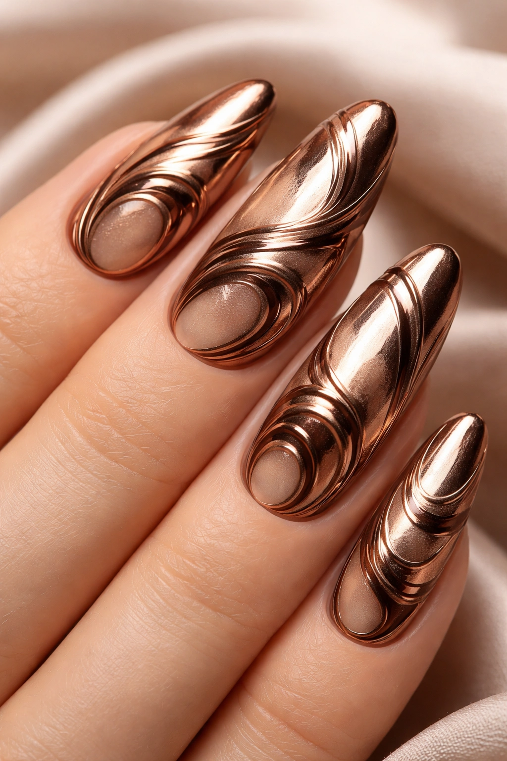 Close-up of Abstract Bronze Swirls nails with flowing bronze patterns