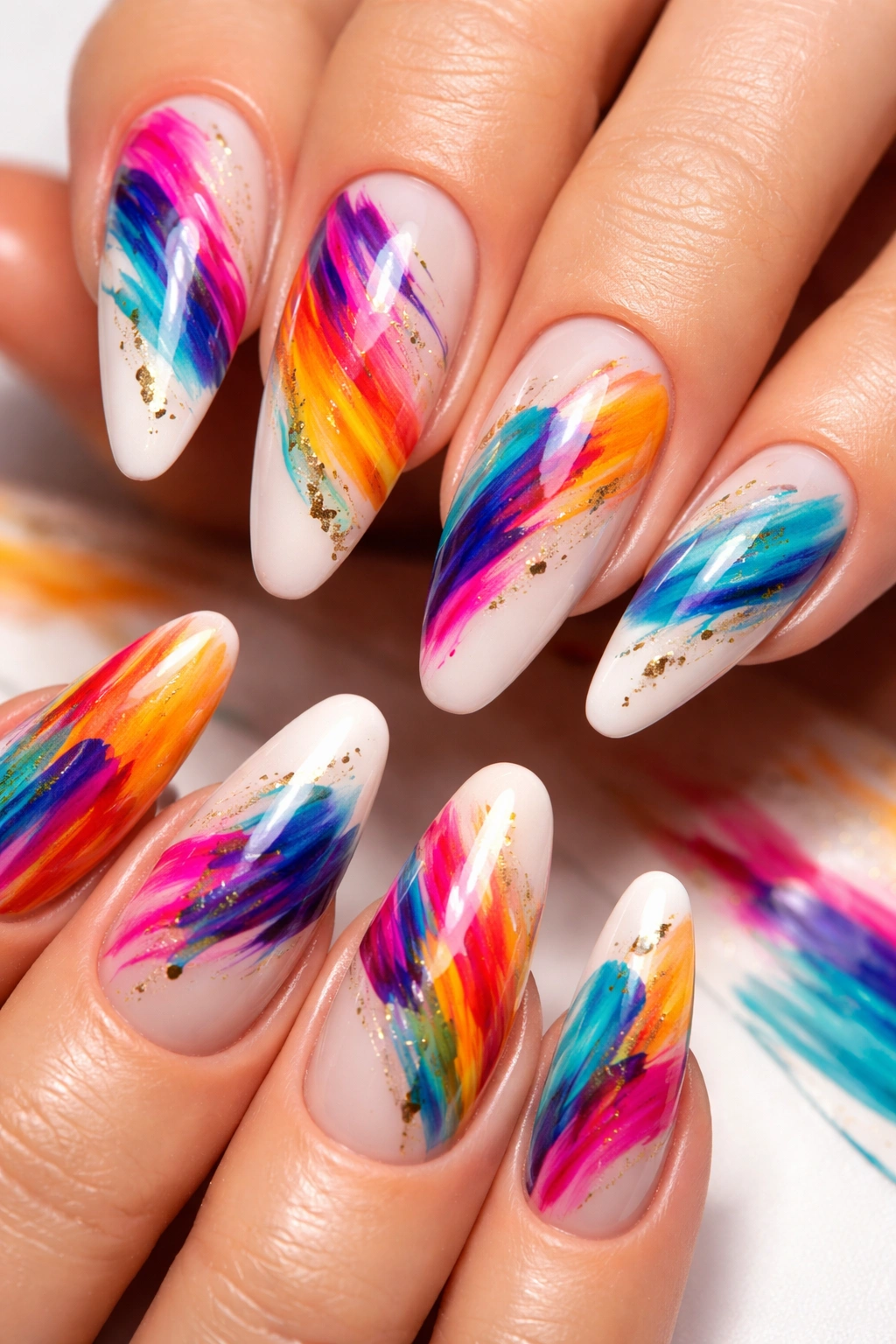 Long nails with abstract brush stroke designs on white base