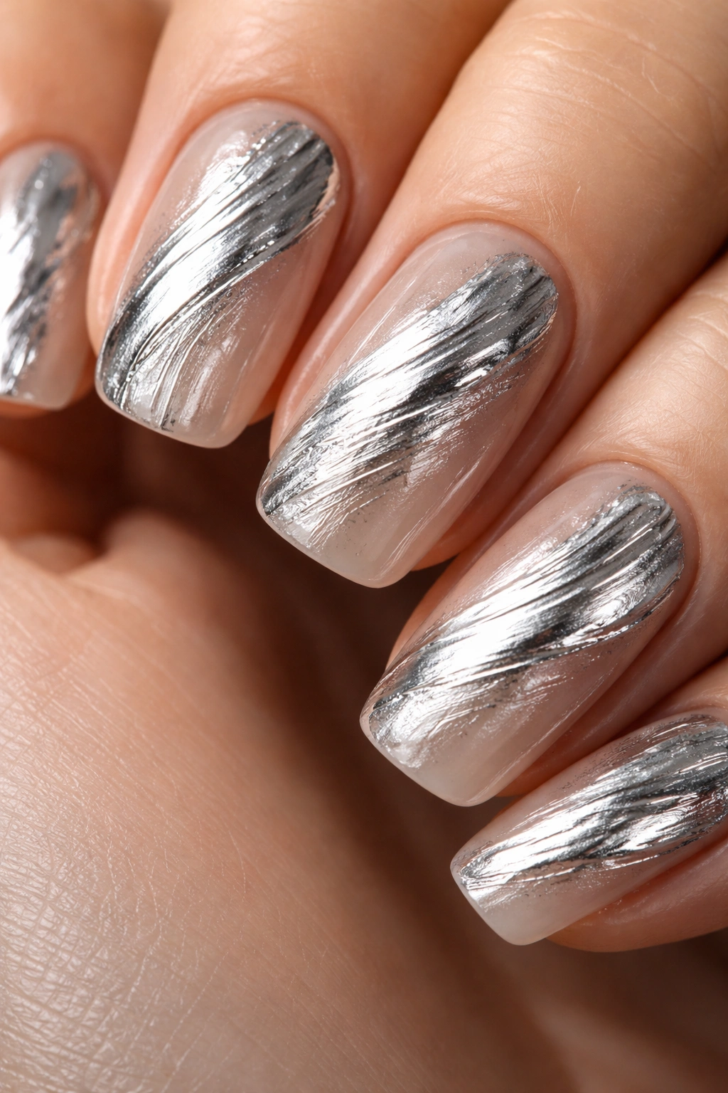 Close-up of nails with abstract silver chrome brushstrokes on nude base, textured edges catching light