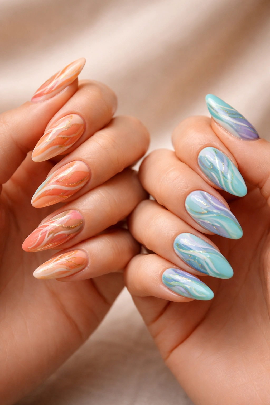 Close-up of hands with abstract colored nails in warm and cool tones