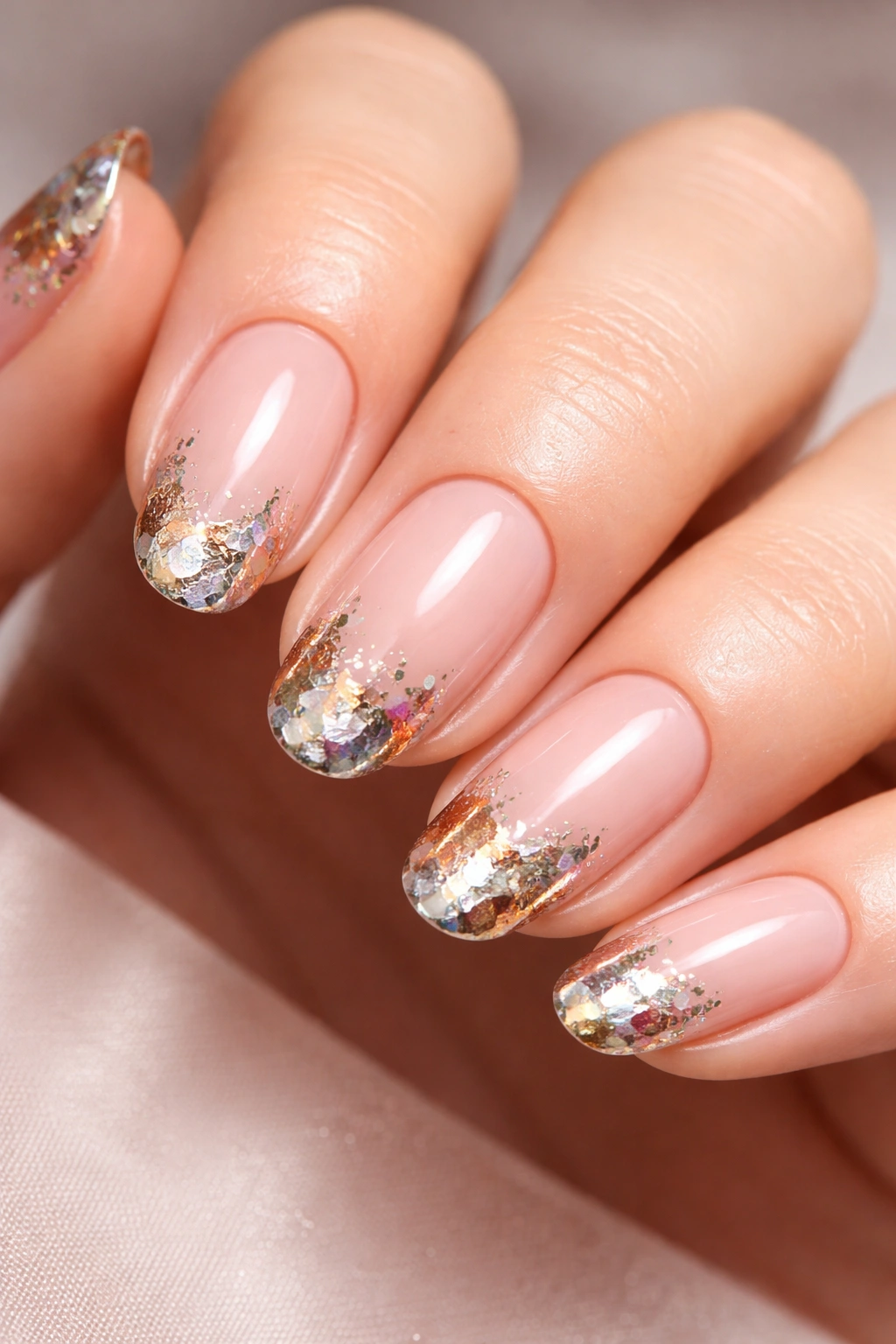 Nails with nude base and irregular metallic foil tips along the edge.