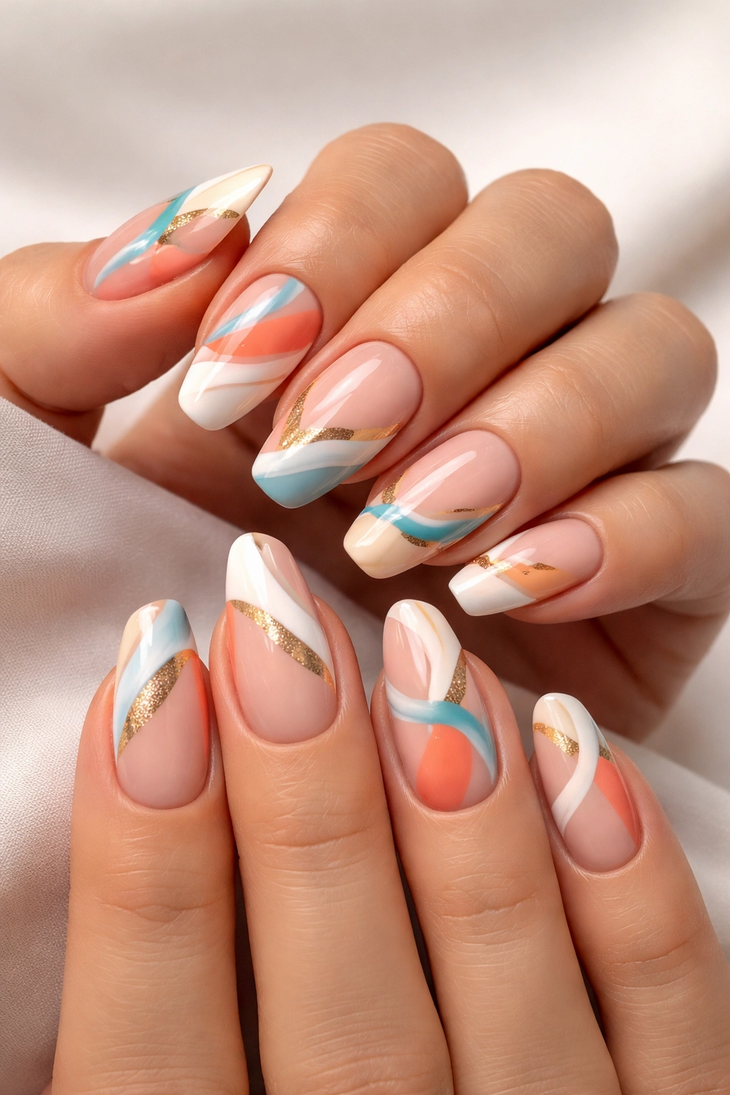 Hands showing a finished set of abstract French tips in a cohesive design