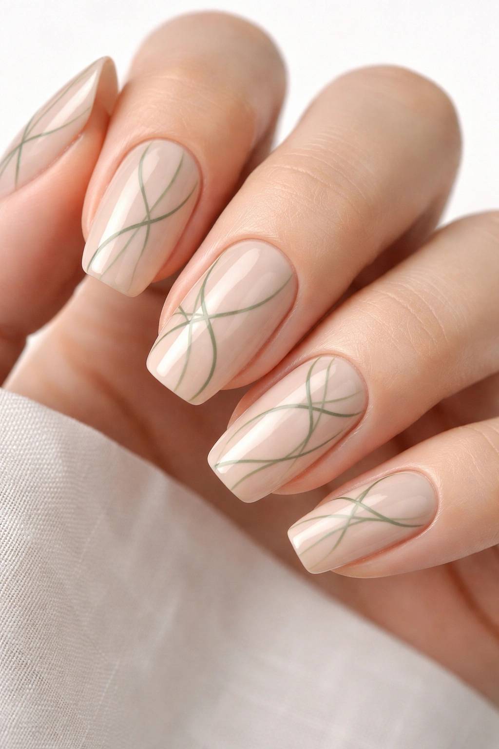 Nude nails with fine green abstract line art