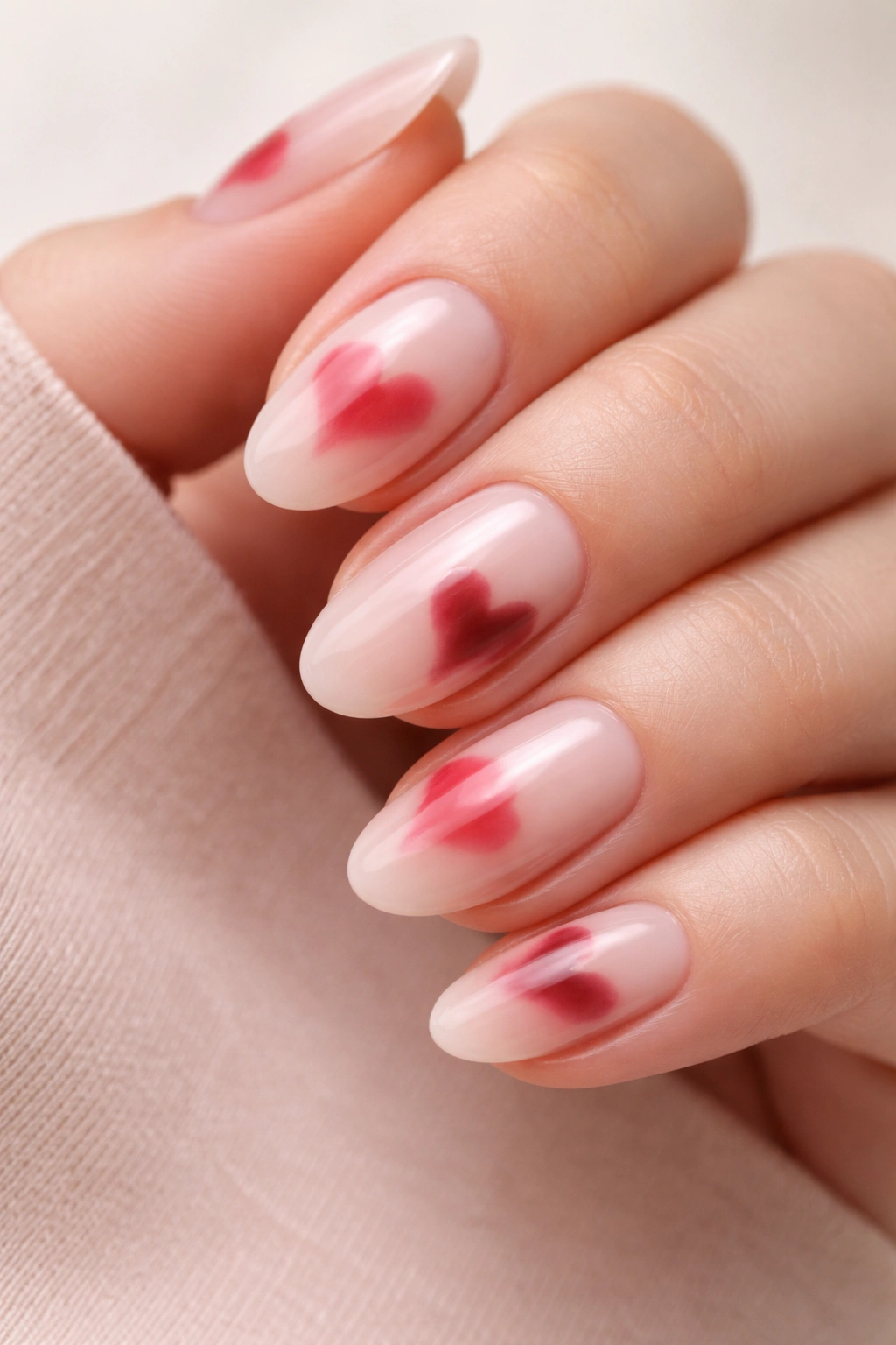 Close-up of short almond nails with subtle abstract heart shapes in red and burgundy.