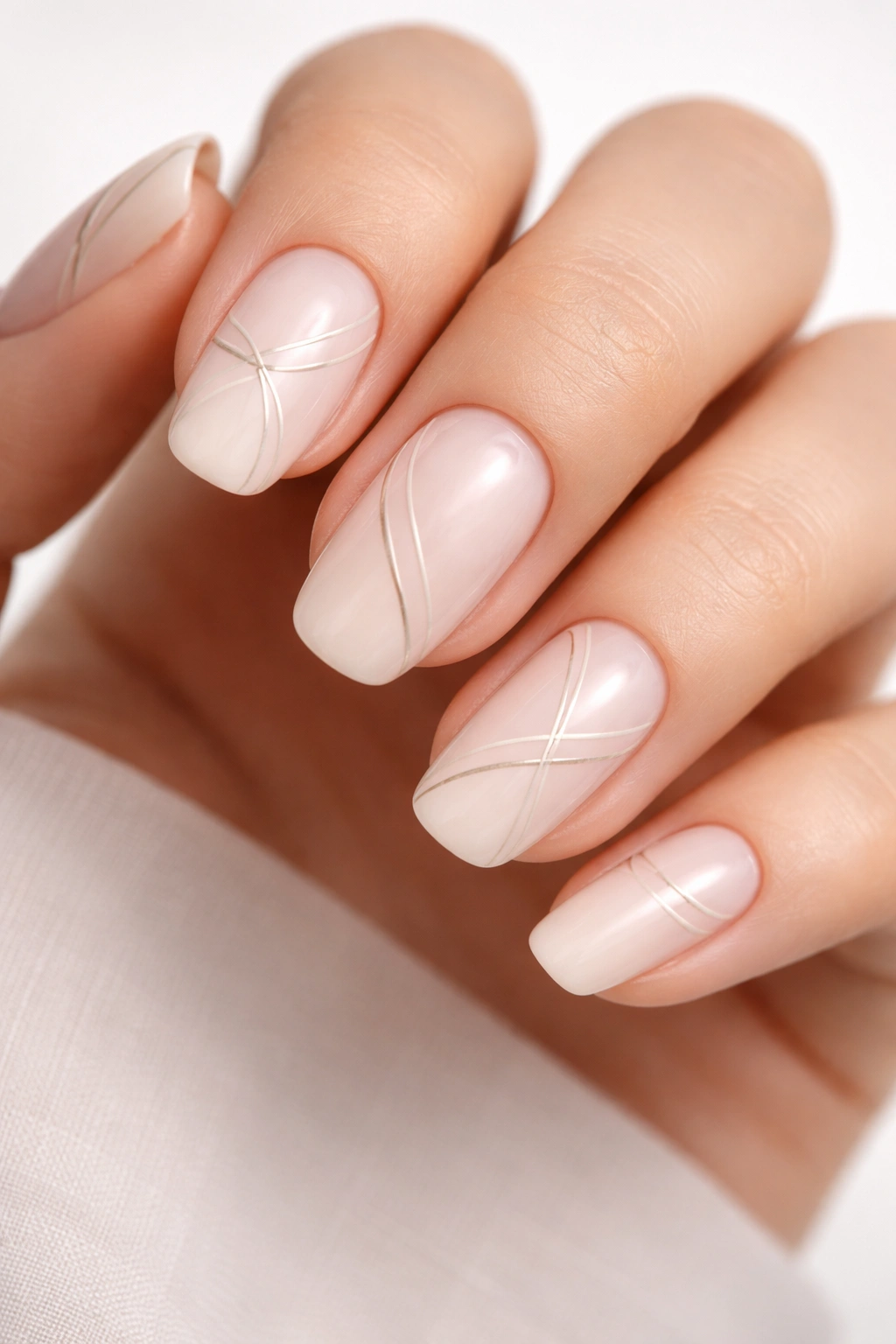 Nails featuring thin abstract line art in neutral tones.