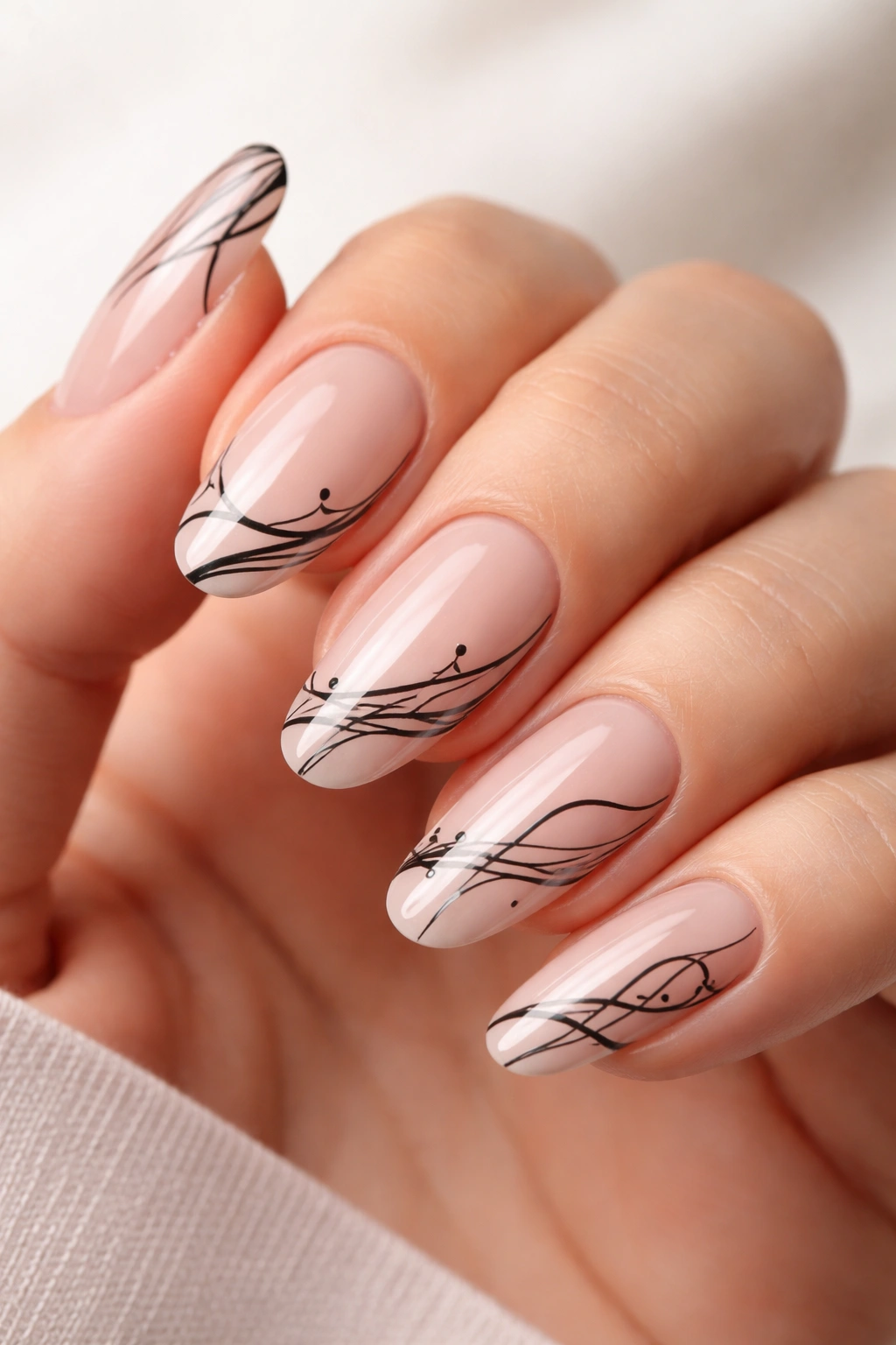 Close-up of nude nails with black abstract line art on tips and subtle geometric curves