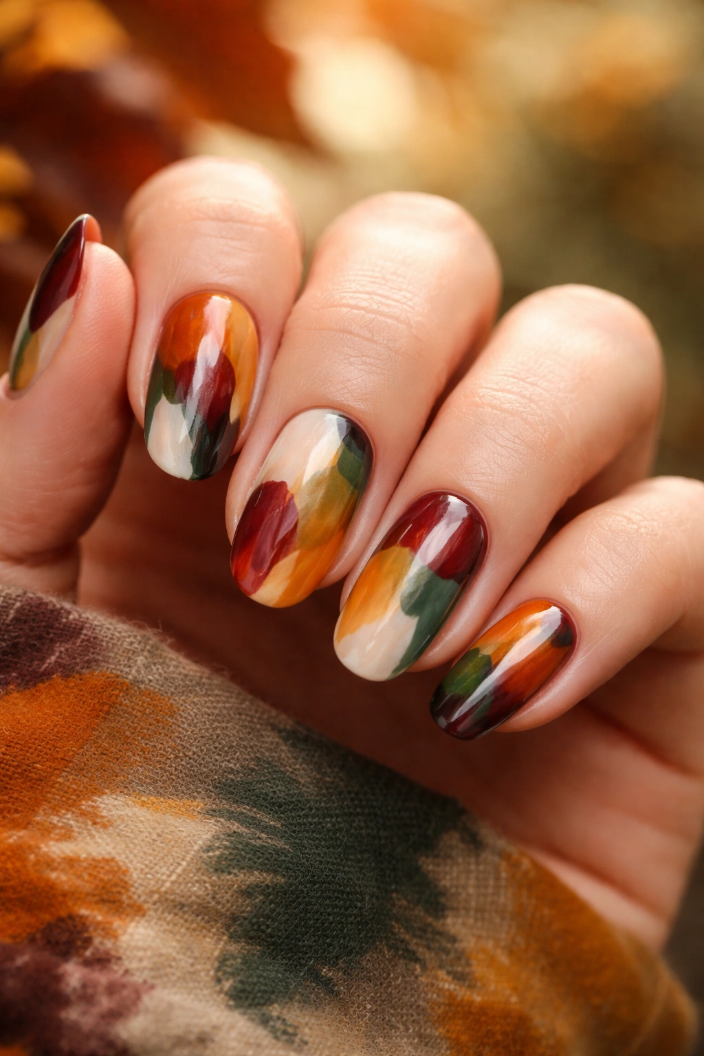 Close-up of abstract autumn nail art on fingertips with fall colors in freeform brushstrokes